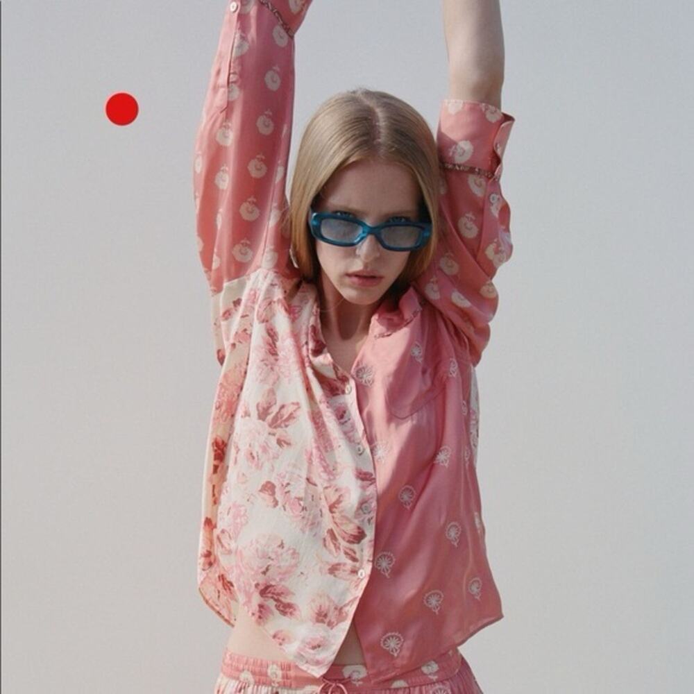 Zara satin floral and embroidered button down blouse size small
